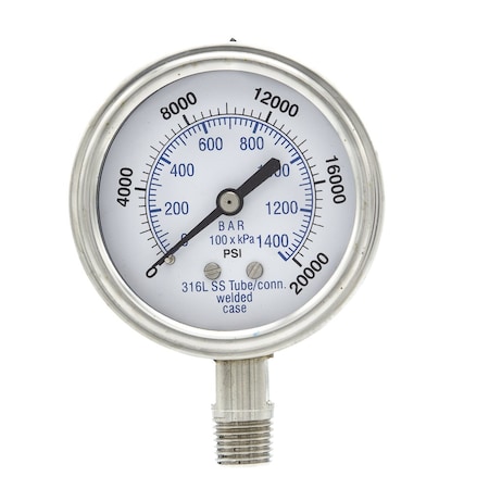 Pro 2 1/2 in Dial, 0/20,000 PSI & Bar, 1/4 in NPT, Lower Mount Dry/Fillable Pressure Gauge PRO-301D-254W-01